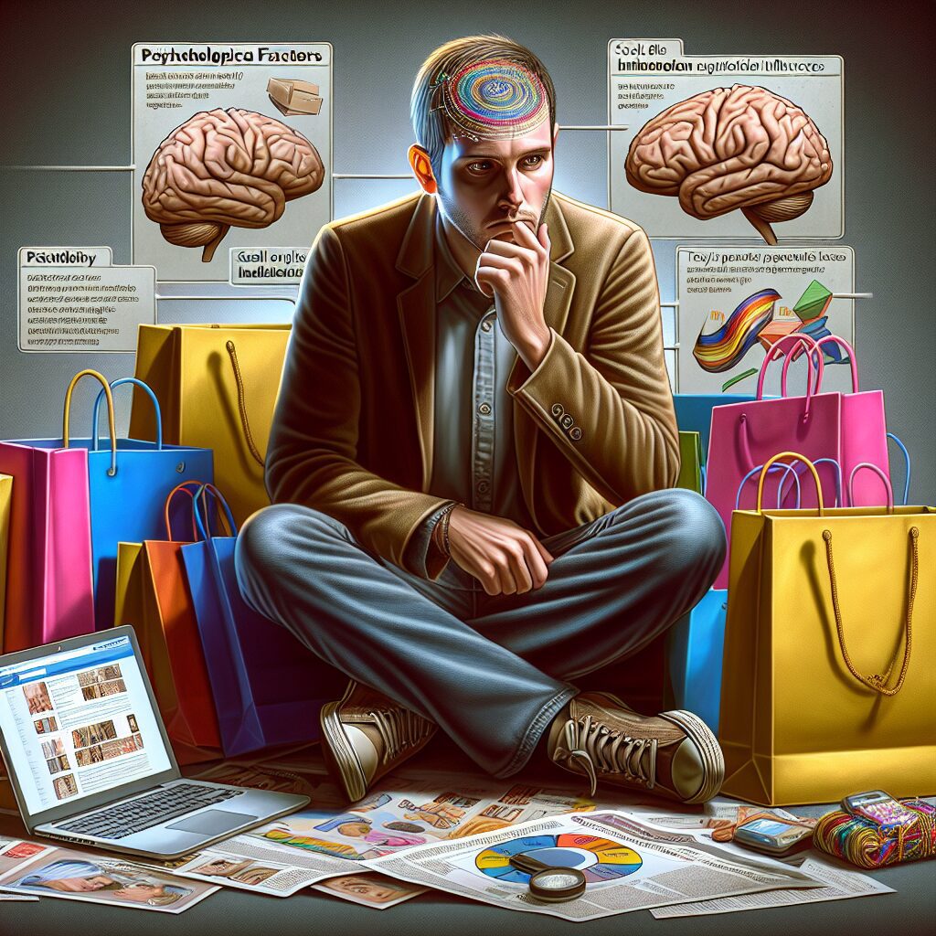 اعتیاد به خرید تصویری از فردی محاصرهشده با کیسههای خرید در کنار یک لپتاپ و برگههایی که اثرات فرهنگی و اجتماعی را نشان میدهد