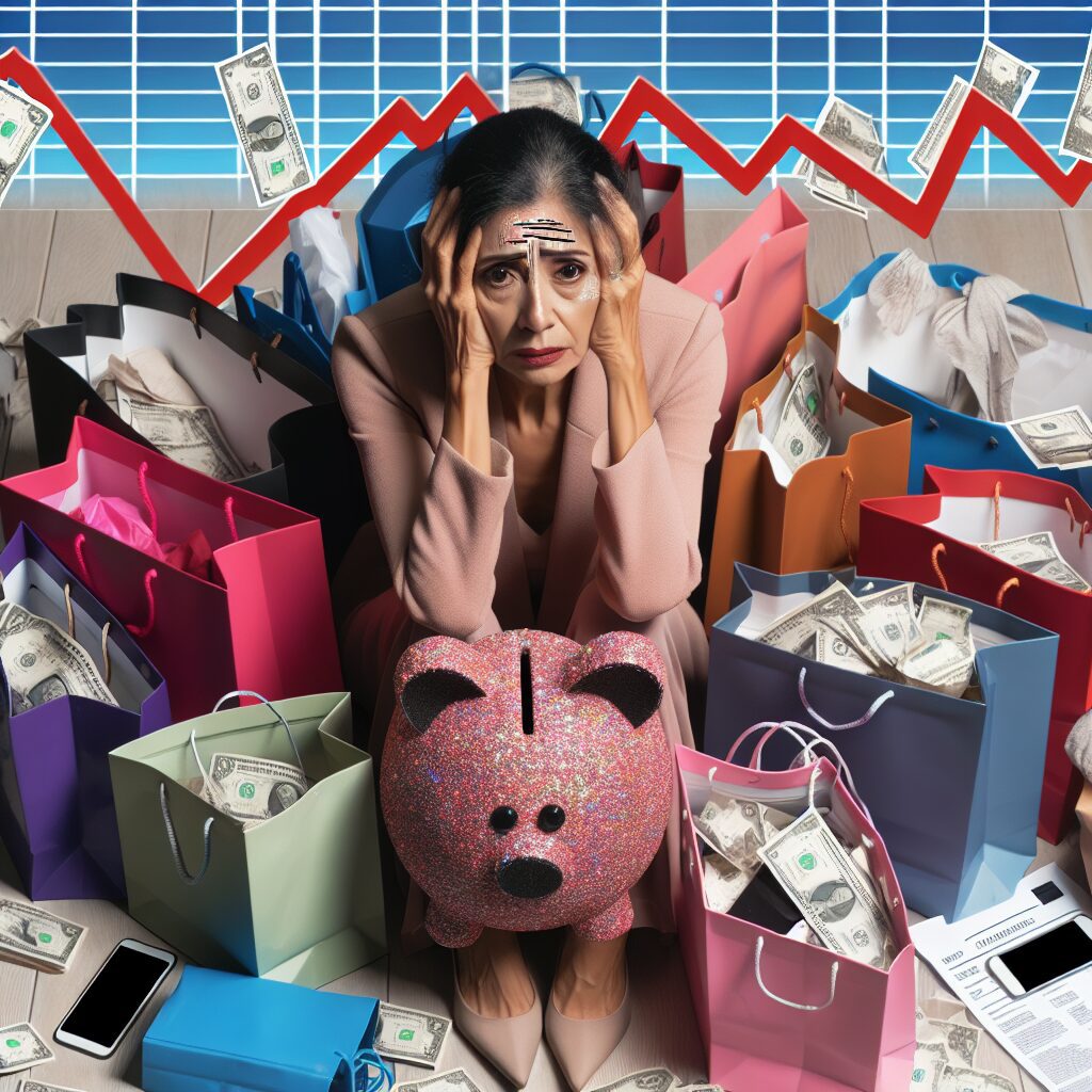 اعتیاد به خرید تصویری از فردی که در میان حجم زیادی از کیسههای خرید و صورتحسابهای مالی است و احساسات مختلفی مانند اضطراب و پشیمانی را تجربه میکند.