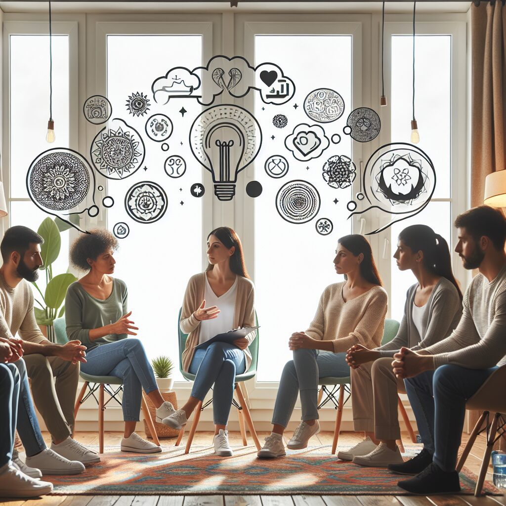 مدیریت و درمان سندروم خوب بودن: راهکارها و تأثیرات تصویری از یک صحنه مشاوره گروهی در یک اتاق مناسب با تمرکز بر تکنیکهای رواندرمانی و ارائه حمایت اجتماعی.