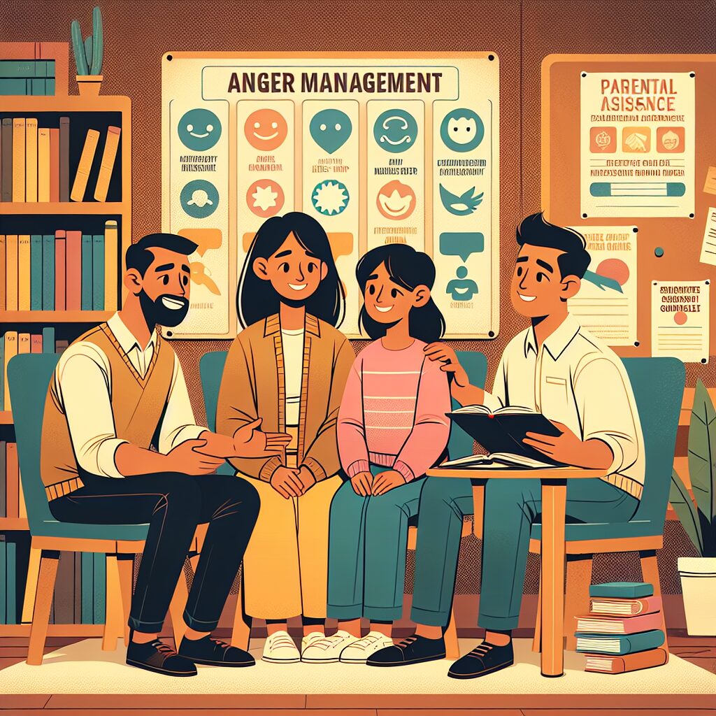 مدیریت خشم والدین در مقابل کودکان مبتلا به اختلال نقص توجه و بیشفعالی (ADHD): راهکارها و منابع تصویری از والدینی که با یک مشاور در حال صحبت کردن هستند