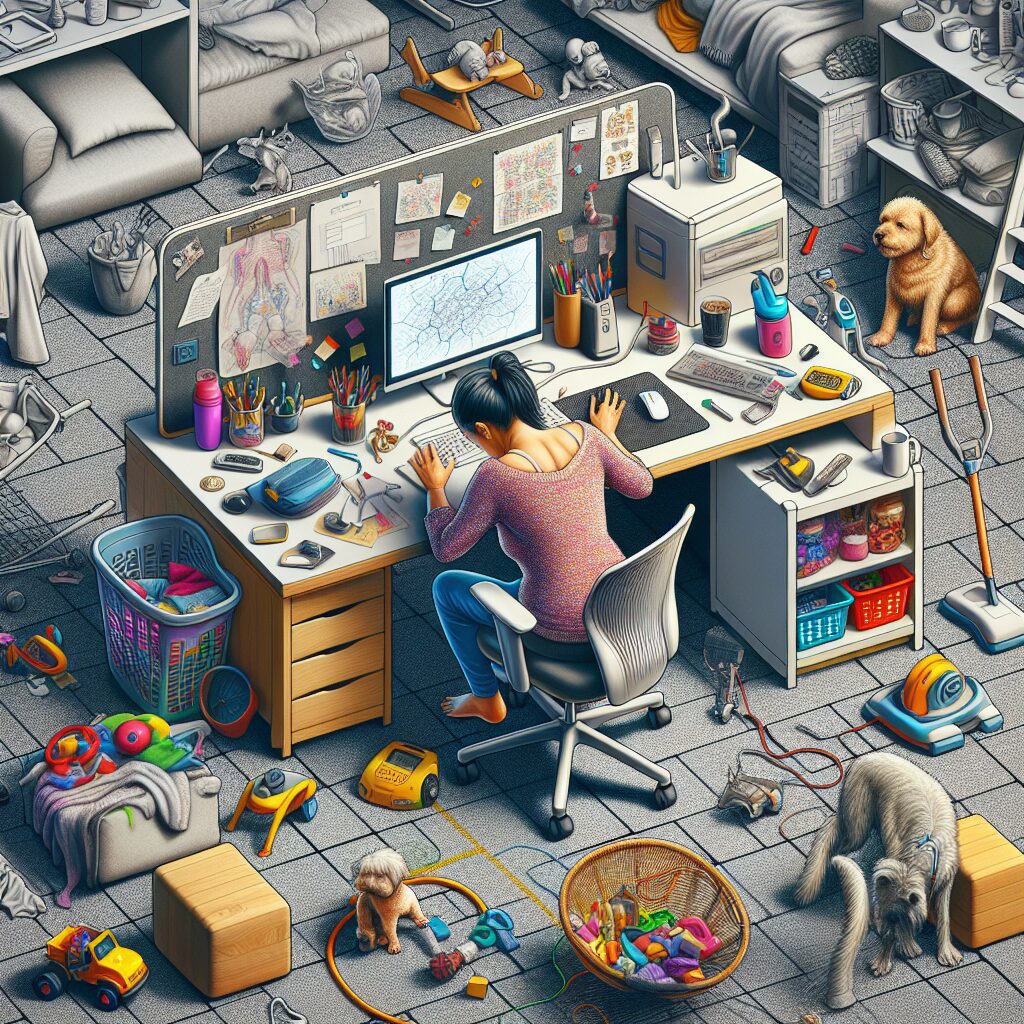 تاثیرات روانی و چالشهای کار از خانه تصویری از یک محیط کار خانگی با چیدمان نامناسب که مشکلات فیزیکی و حواسپرتی را نمایش میدهد