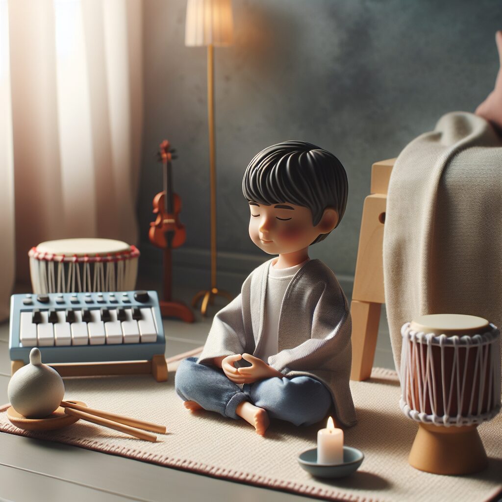 راههای کاهش ترس کودکان: از شناخت تا درمان تصویر کودکی که با استفاده از تکنیکهای آرامسازی همچون تنفس عمیق، مدیتیشن و موسیقی در محیطی آرامشبخش در حال کاهش اضطراب است.