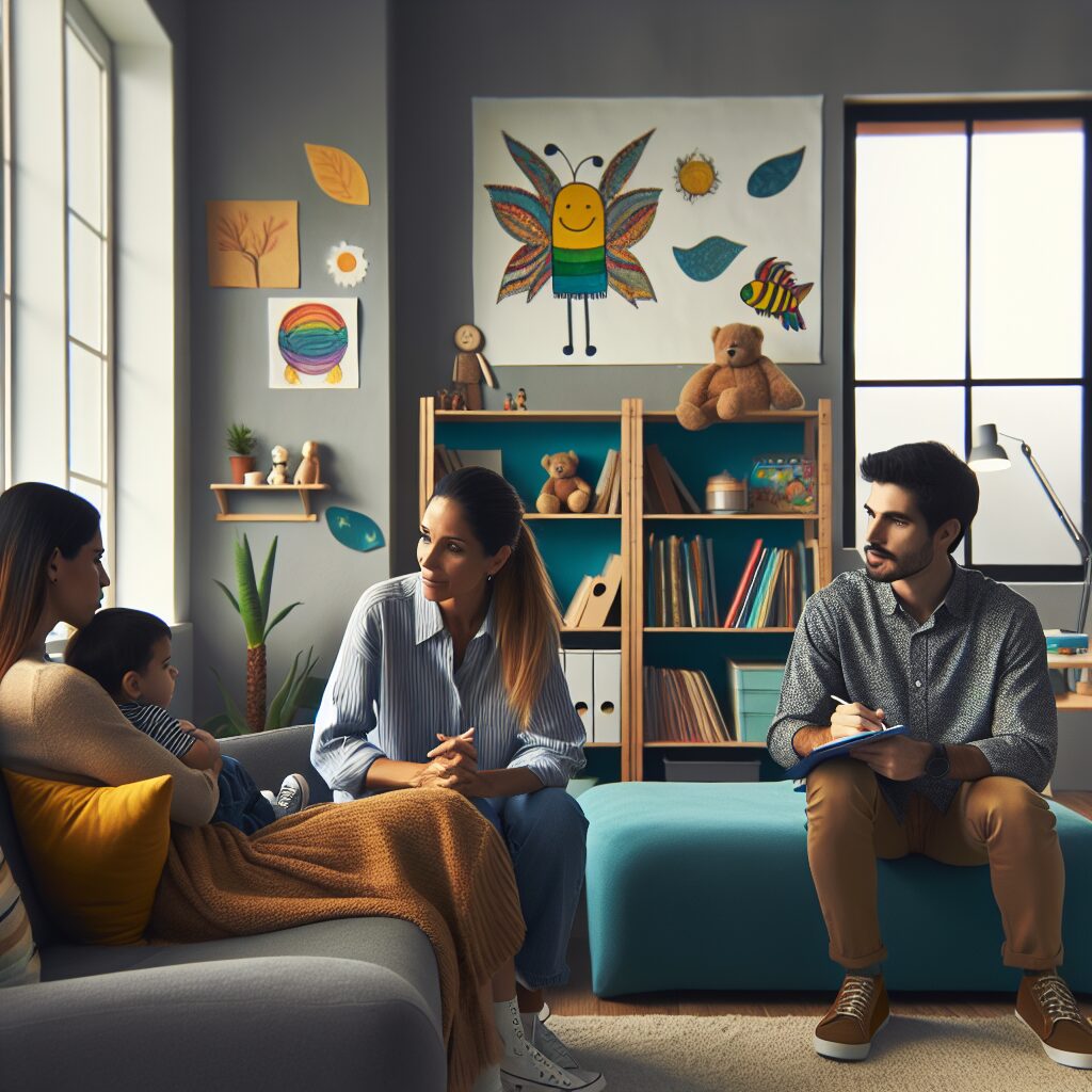 راههای کاهش ترس کودکان: از شناخت تا درمان تصویری از والدین که با کودک خود صحبت میکنند در حالی که در دفتر روانشناس یا مشاور نشستهاند.