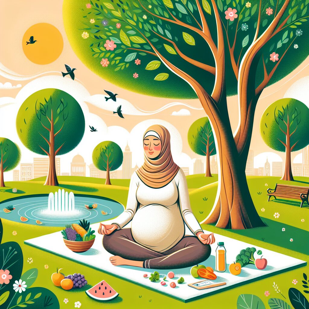 مدیریت تغییرات خلقی بارداری: راهکارها و حمایتها تصویری از یک زن باردار که در حال مدیتیشن در یک پارک و انجام ورزشهای مناسب بارداری، در کنار مواد غذایی سالم است.