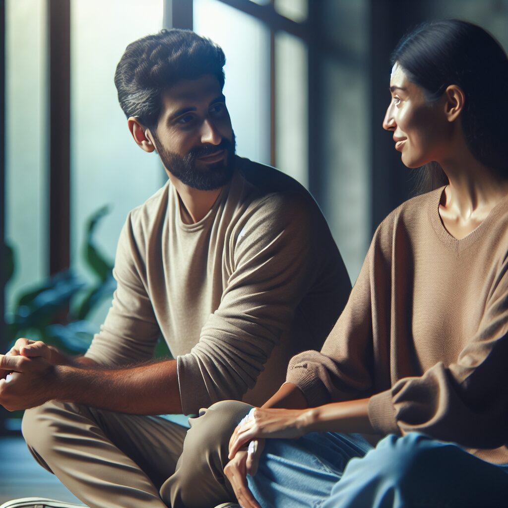 مدیریت تغییرات خلقی بارداری: راهکارها و حمایتها تصویری از زوجی که در حال صحبت و همدلی با یکدیگر هستند، نشسته در کنار یکدیگر در فضایی آرام و بدون تنش