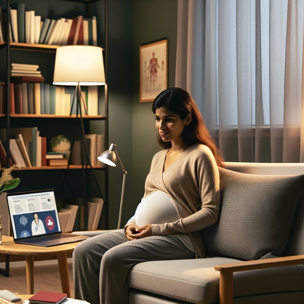 مدیریت تغییرات خلقی بارداری: راهکارها و حمایتها تصویر از یک زن باردار که با یک روانشناس در دفتر کار ملاقات میکند در کنار منابع آنلاینی روی صفحه لپ تاپ