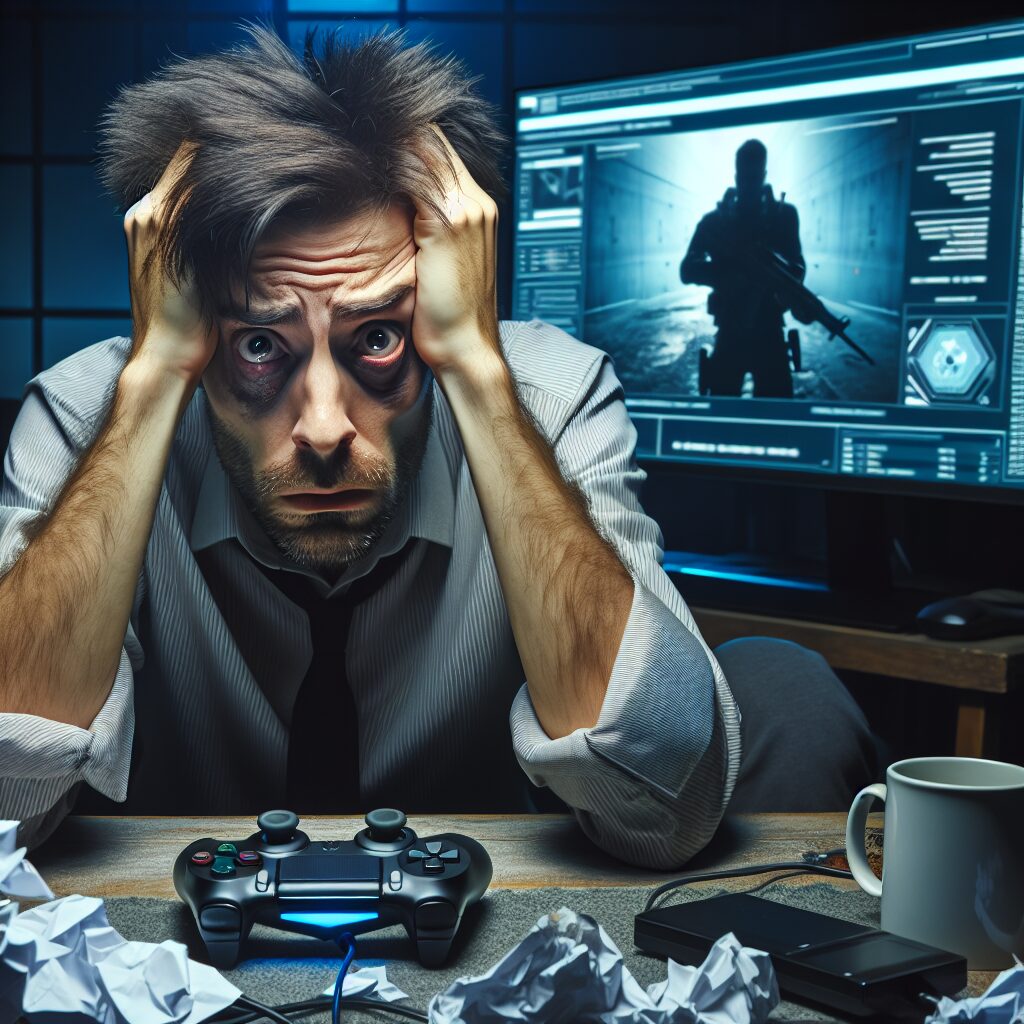 بررسی جامع اعتیاد به بازی آنلاین و راهکارها تصویری از فردی که روبروی کامپیوتر نشسته و نشانههایی از استرس و اضطراب دارد