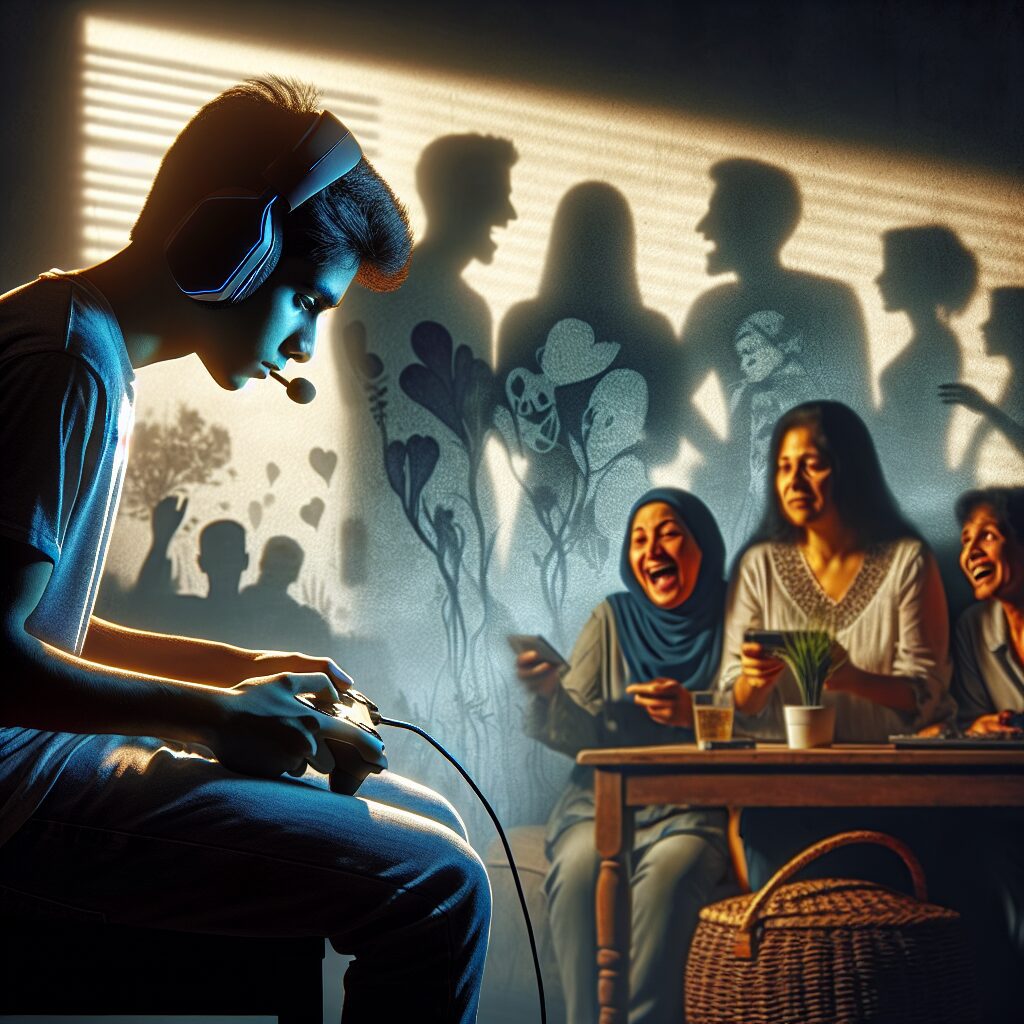 بررسی جامع اعتیاد به بازی آنلاین و راهکارها تصویری از فردی در حال بازی آنلاین، جدا از محیط اطرافش با خانواده و دوستان که در پسزمینه تعامل میکنند.