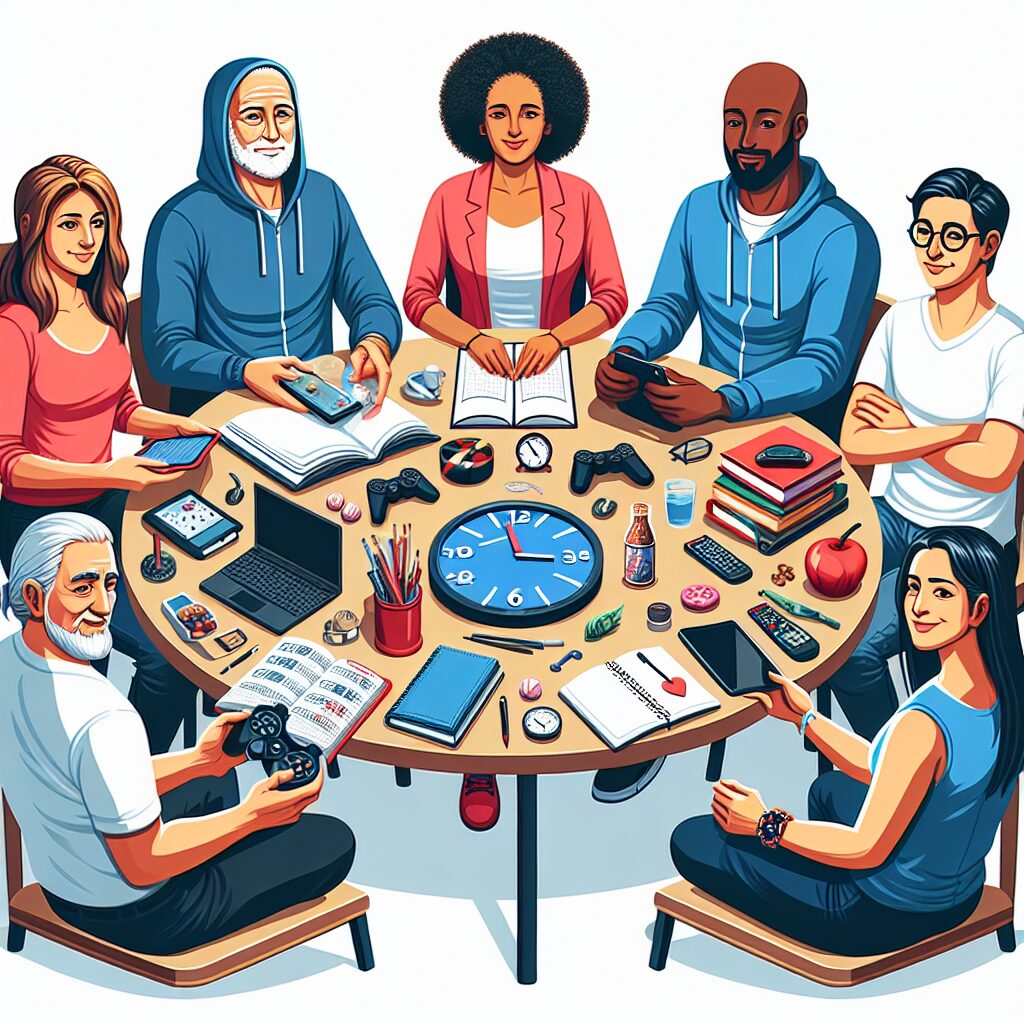 بررسی جامع اعتیاد به بازی آنلاین و راهکارها پرترهای از یک فرد که با ابزارهایی مثل ساعت و دفترچه برنامهریزی در حال مدیریت زمان بازیهای آنلاین است.