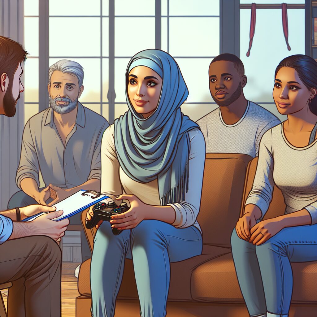بررسی جامع اعتیاد به بازی آنلاین و راهکارها تصویری از یک فرد نشسته در جلسه مشاوره با مشاور، خانواده و گروه پشتیبانی.