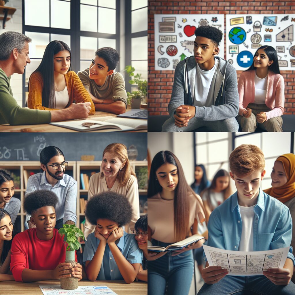 اهمیت و روشهای تقویت تابآوری نوجوانان تصویری از یک گروه نوجوان در حال بحث و فعالیتهای گروهی در محیطهای مختلف مانند خانه، مدرسه و محیطهای اجتماعی.