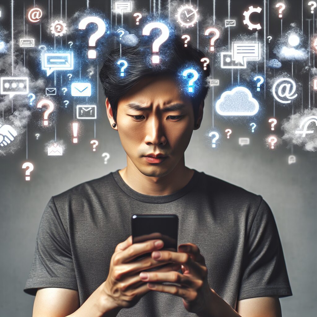 مقابله با اطلاعات نادرست: راهکارها و چالشها تصویری از یک فرد در حال مرور روی گوشی هوشمند، با آیکونهای رسانههای اجتماعی و نمادهایی که نشاندهنده اطلاعات نادرست هستند.