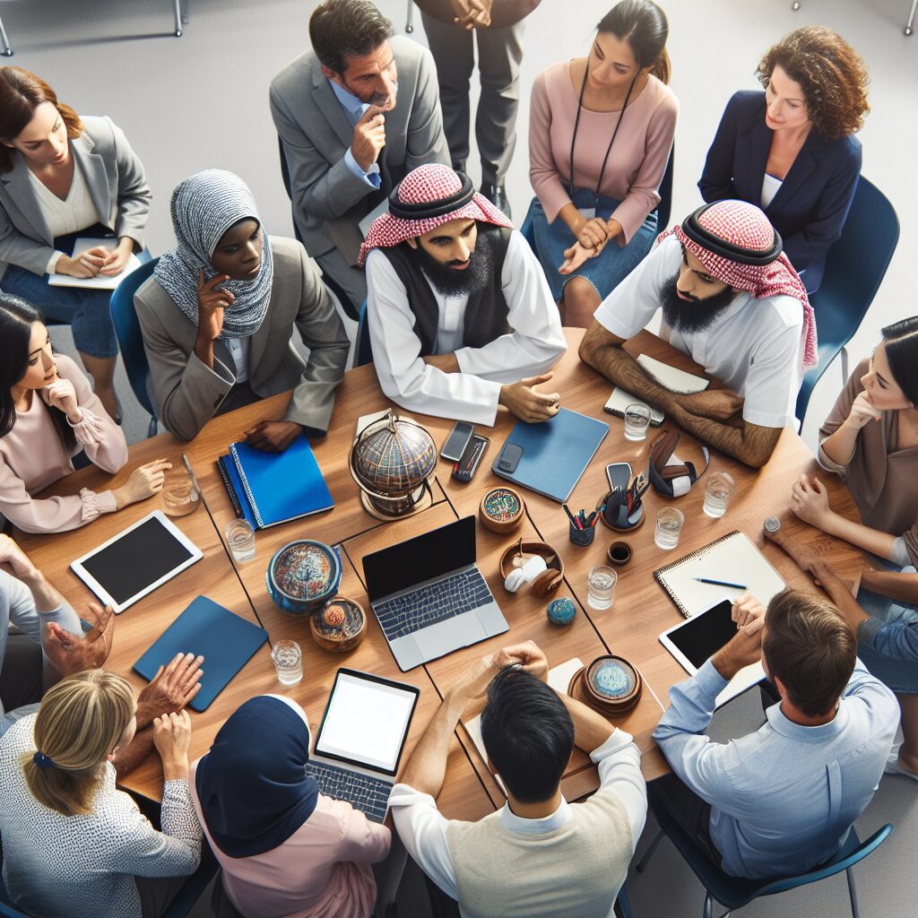 مقابله با اطلاعات نادرست: راهکارها و چالشها تصویر جمعی از افراد که در محیط آموزشی در حال بحث و تبادل نظر هستند و ابزارهای فناوری مختلفی برای شناسایی اطلاعات نادرست روی میز قرار دارند.