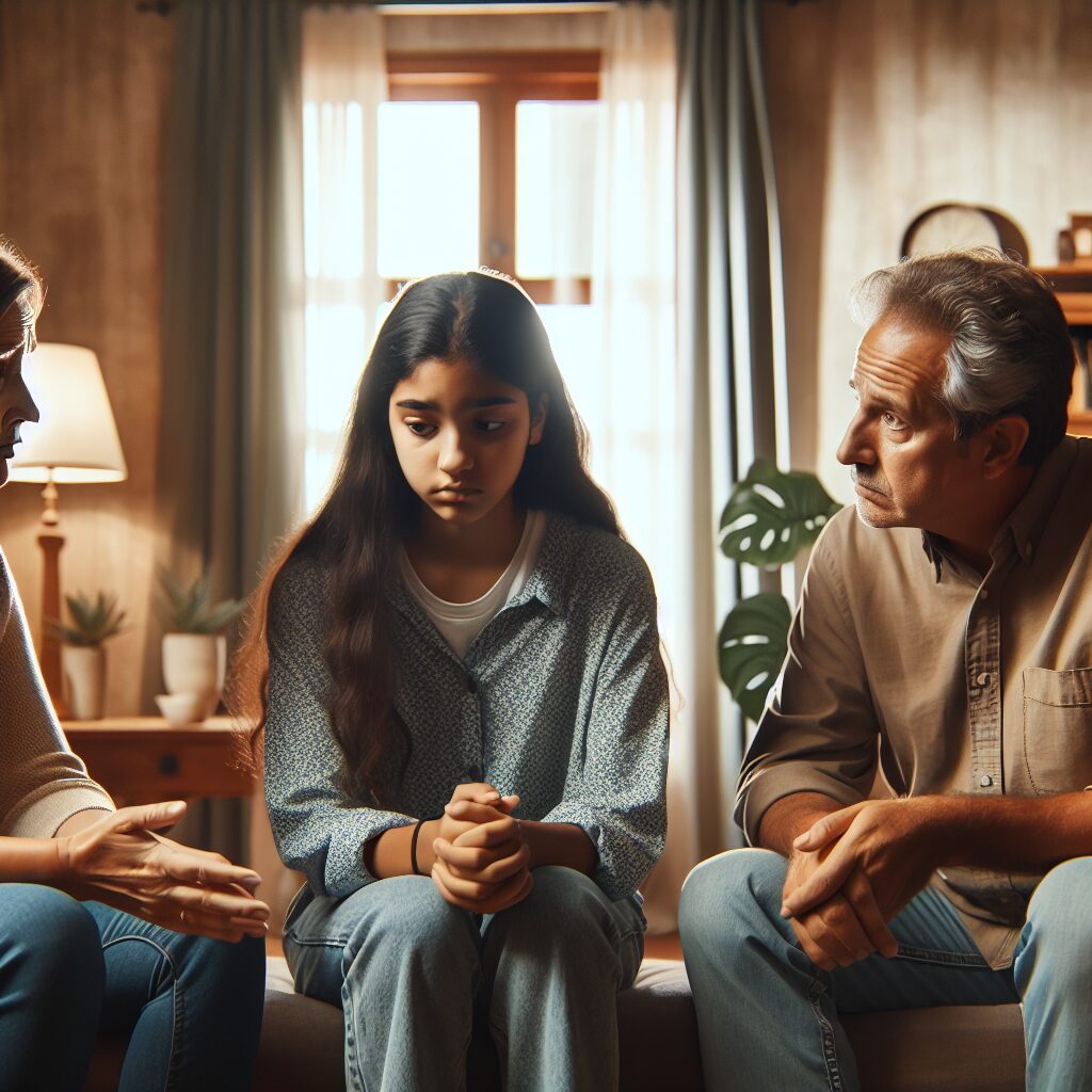 چالشها و فرصتهای استقلال نوجوانان تصویری از والدینی که در حال گفتگو با نوجوان خود هستند، نگرانی و اضطراب در چهره والدین مشخص است.