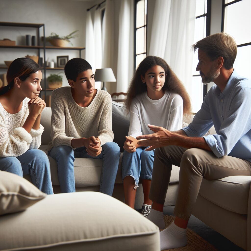 چالشها و فرصتهای استقلال نوجوانان تصویر خانوادهای در حال گفتوگو با نوجوانان خود در محیطی آرام