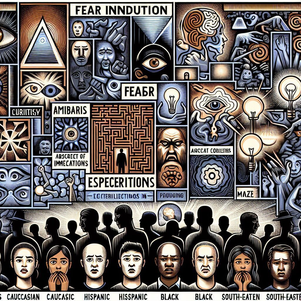 روشهای مقابله با القای ترس در تصمیمگیری تصویری از مفهوم القای ترس در روانشناسی با نمایش نمادهای مختلفی از ترس و واکنشها