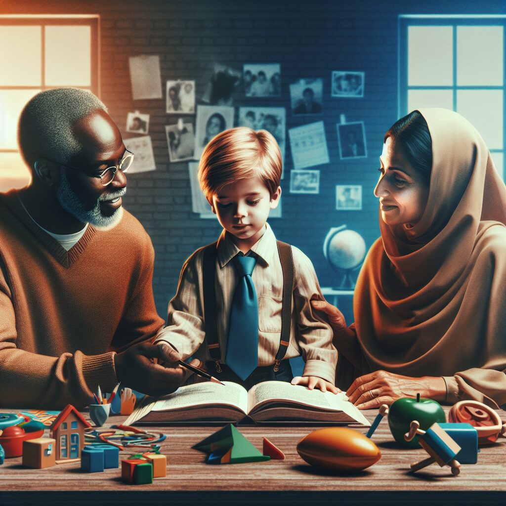 نقش تربیت دوران کودکی در خودشیفتگی تصویر از یک کودک در یک محیط خانوادگی در حال تعامل با والدین که نشاندهنده تجربیات دوران کودکی و تأثیر آن بر رشد شخصیت است.