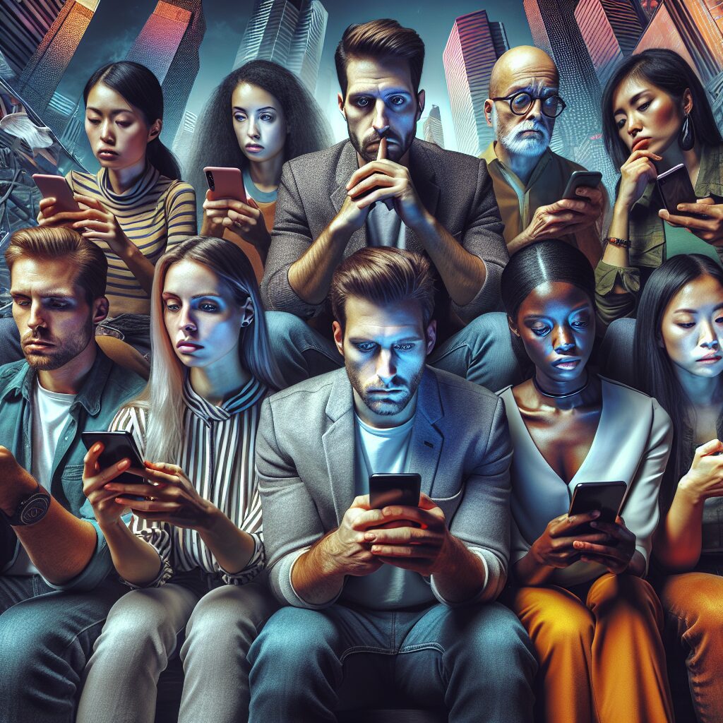 اضطراب تایید جمعی: دلایل و راهکارها تصویری از گروهی از افراد در حال استفاده از تلفنهای همراه، هر کس به صفحه خود خیره شده و دچار اضطراب به نظر میرسد.