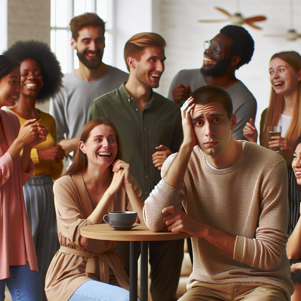 اضطراب تایید جمعی: دلایل و راهکارها تصویری از یک فرد که در جمعی از افراد حضور دارد و نشانههای اضطراب مانند نگرانی یا استرس در او مشاهده میشود