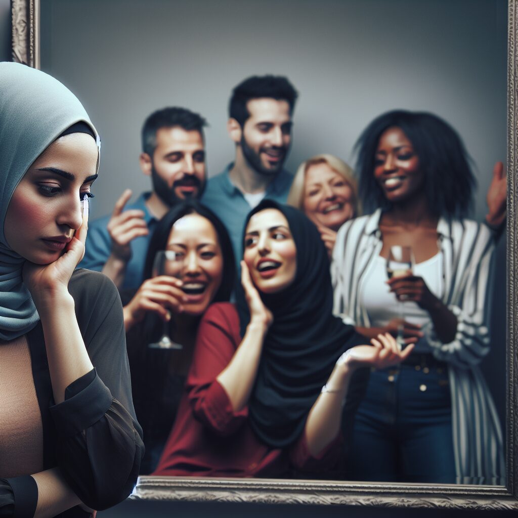 شناخت و مقابله با احساس نادیده گرفته شدن تصویری از فردی که به آینه نگاه میکند و در پسزمینه اطرافیانش در حال صحبت و خنده هستند.