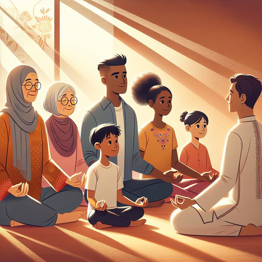 راههای کاهش استرس خانواده در مواجهه با چالشها تصویری از خانوادهای در محیط آرام و حمایتگر، با مدیتیشن و یوگا