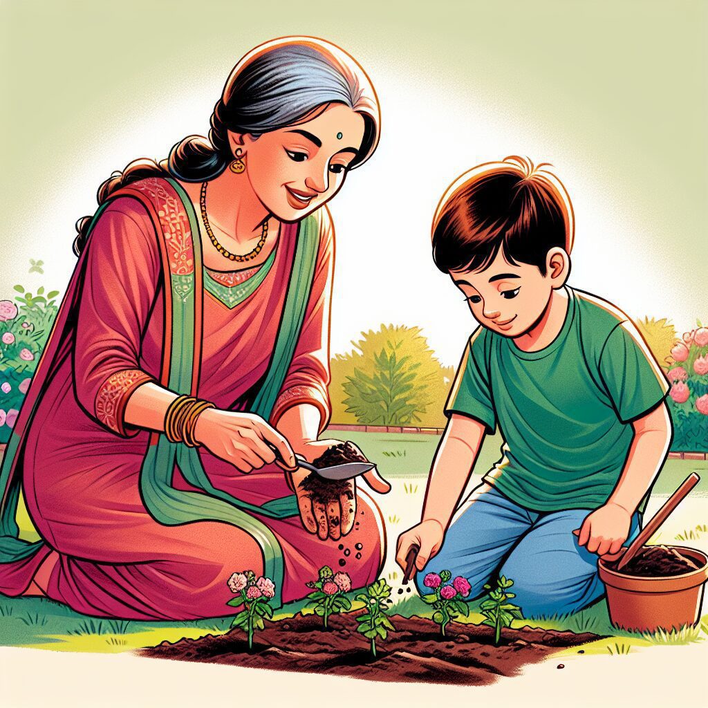 مسئولیتپذیری کودکان: از تعریف تا تأثیرات اجتماعی تصویری از کودکی که به والدین خود در باغبانی کمک میکند.