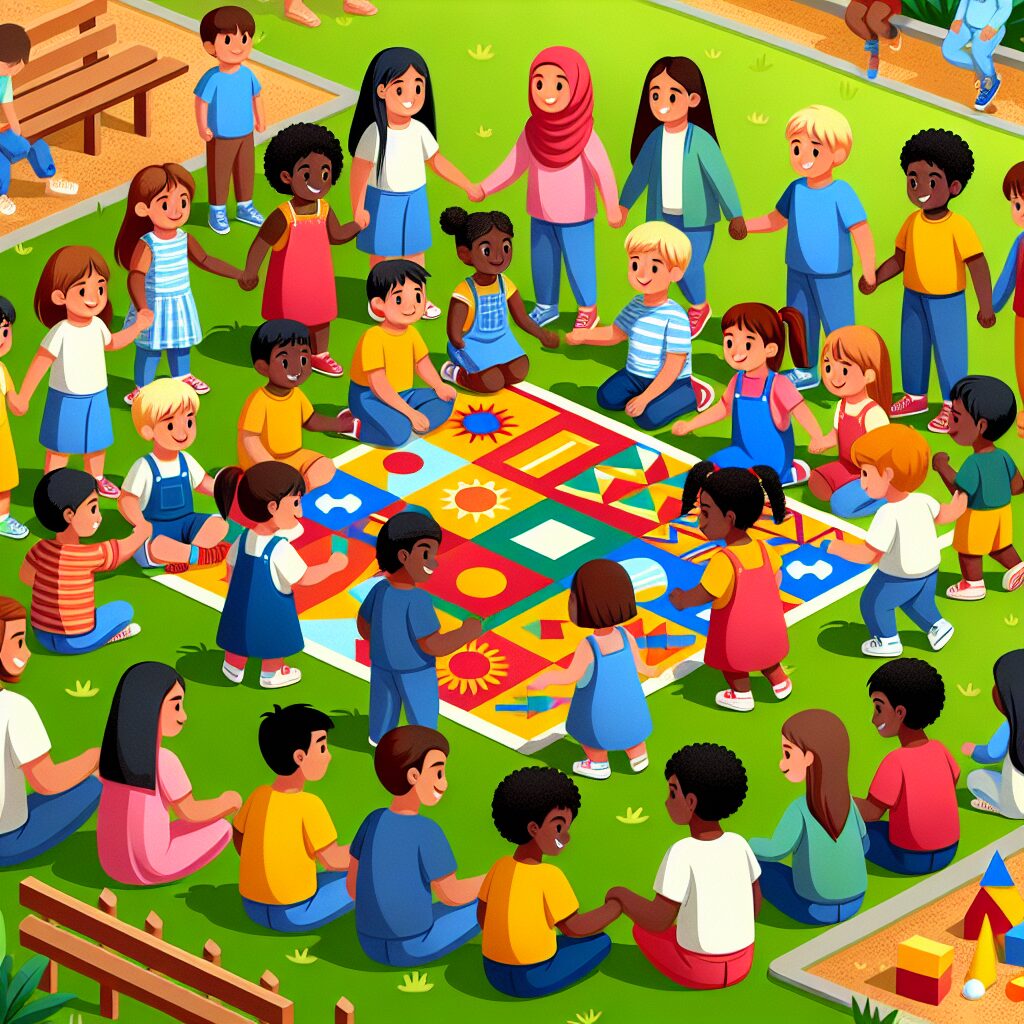 مسئولیتپذیری کودکان: از تعریف تا تأثیرات اجتماعی تصویری از کودکان که در حال بازی گروهی با بازیهای آموزشی هستند، به طوری که همکاری و مسئولیتپذیری را یاد میگیرند.