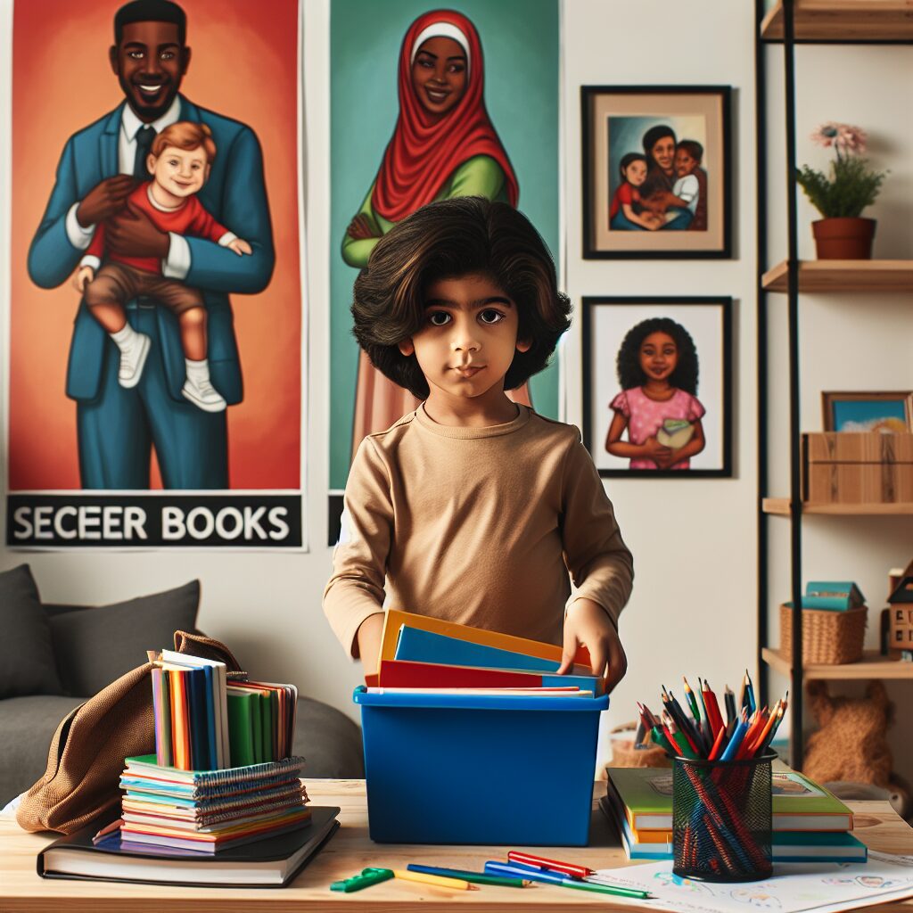 مسئولیتپذیری کودکان: از تعریف تا تأثیرات اجتماعی تصویری از کودکی که کتاب درسی و اسباببازیهایش را مرتب میکند، در حالتی منظم و با برنامه