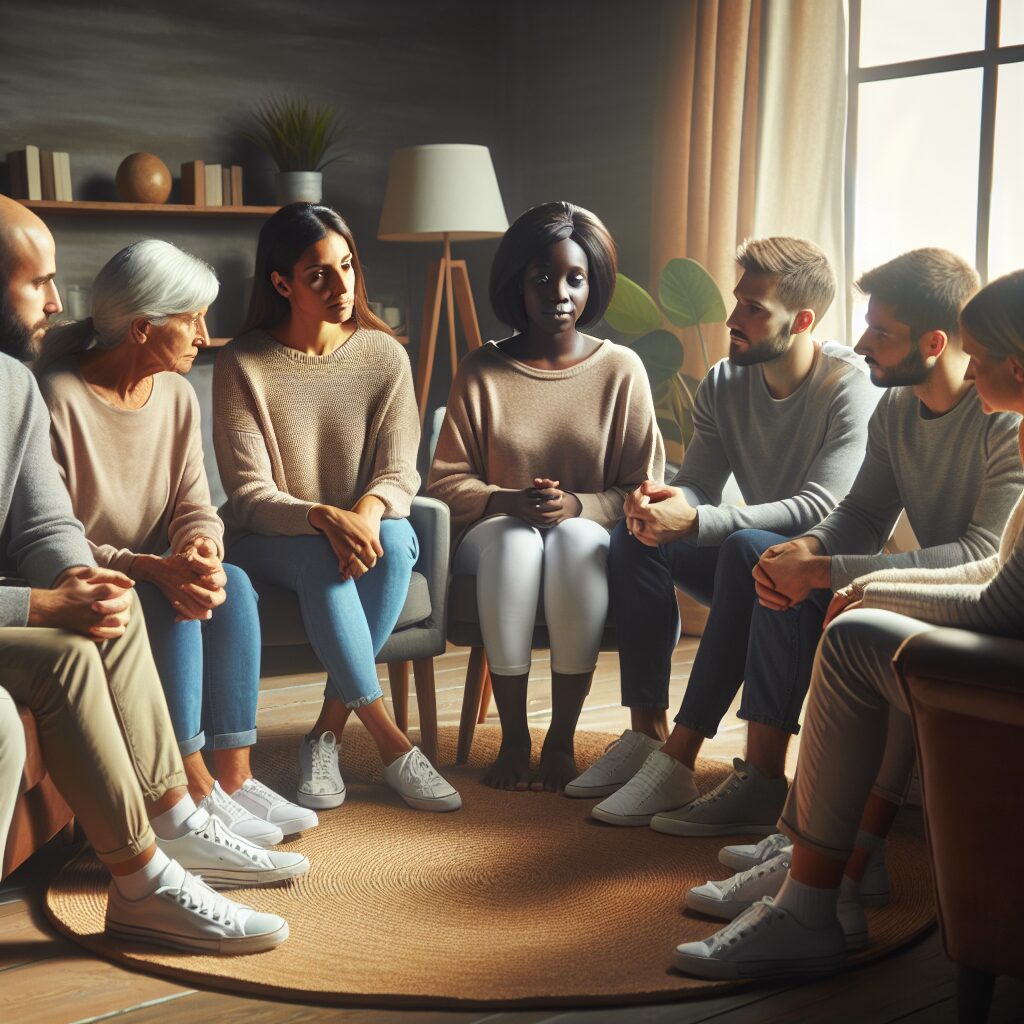 روشهای حمایت خانواده در درمان اعتیاد های رفتاری تصویری از خانوادهای که اعضا دایرهوار نشسته و در حال صحبت و همدردی با یکی از اعضای خود هستند