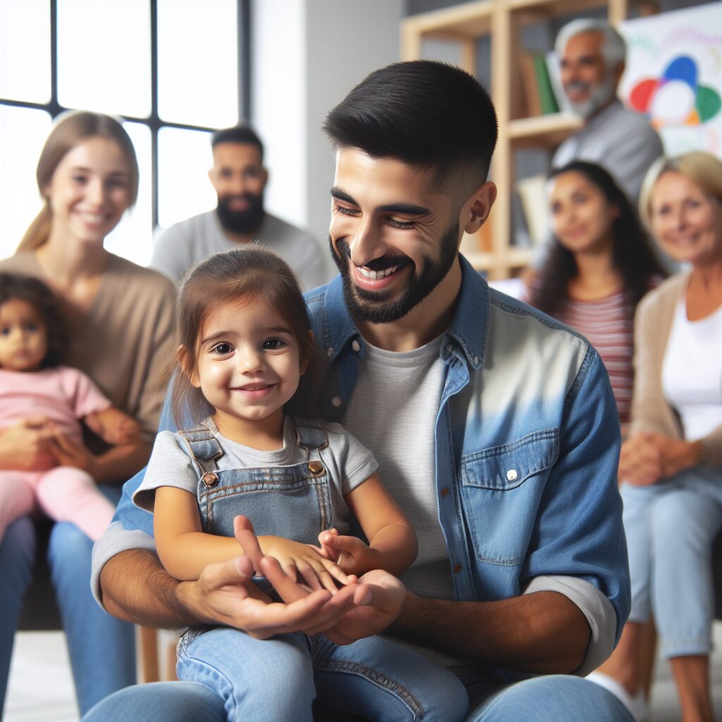 نقش تربیت دوران کودکی در خودشیفتگی یک والد با لبخند به فرزندش آموزش میدهد، در حالی که دیگر والدین در حال برگزاری یک کارگاه آموزشی در پسزمینه هستند.