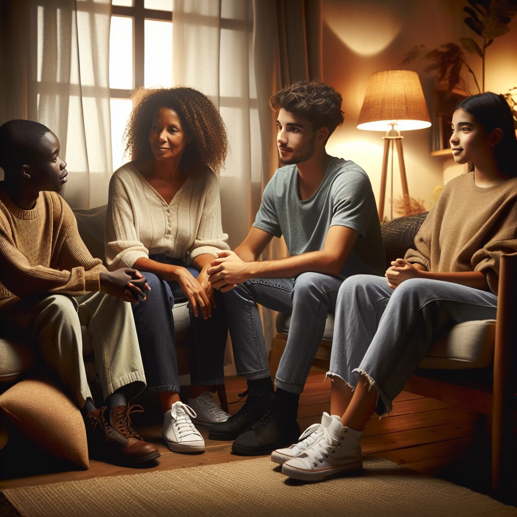 روشهای حمایت خانواده در درمان اعتیاد های رفتاری تصویر اعضای خانوادهای که در محیطی گرم و دوستانه با هم گفتگو میکنند