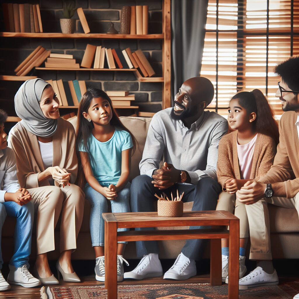 روشهای حمایت خانواده در درمان اعتیاد های رفتاری تصویری از یک خانواده با لبخند در حال گفتگو در کنار یک مشاور