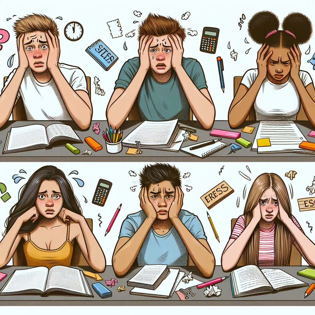 شناخت و مدیریت اضطراب امتحانات در نوجوانان تصویری از تأثیرات اضطراب امتحانات بر نوجوانان، نشاندهنده علائم فیزیکی و عاطفی.