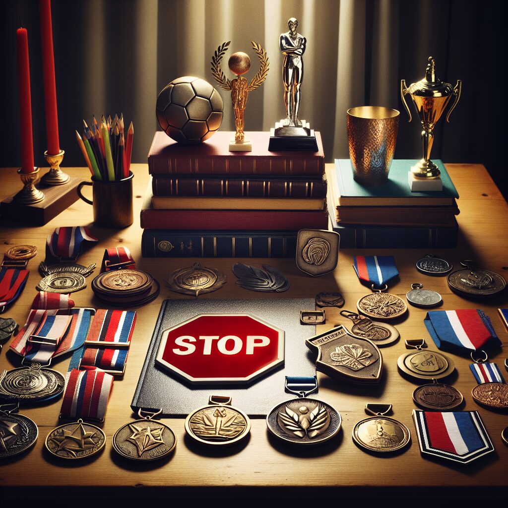 مقابله با وابستگی روانی در چرخه پاداش و تنبیه چرخهای از نمادهای پاداش مانند مدال و نمادهای تنبیه مانند علامت توقف، که بر روی یک میز چوبی قرار گرفتهاند.