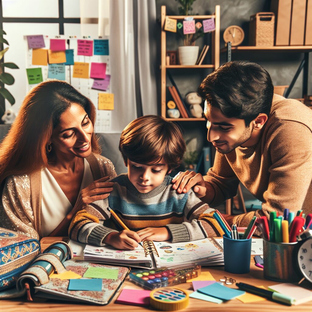 برنامهریزی برای کودکان مبتلا به اختلال نقص توجه و بیشفعالی (ADHD): چالشها و راهکارها تصویری از کودکی در حال برنامهریزی در کنار والدین با استفاده از دفتر، تابلو و ابزارهای رنگارنگ برای سازماندهی