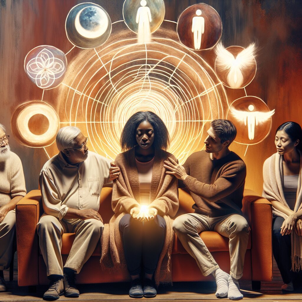 مقابله با وابستگی روانی در چرخه پاداش و تنبیه تصویری از فردی که با استفاده از روشهای رواندرمانی آرامش یافته است، در کنار اعضای خانواده و دوستان که حمایت میکنند، و نمادهایی از چرخه پاداش و تنبیه