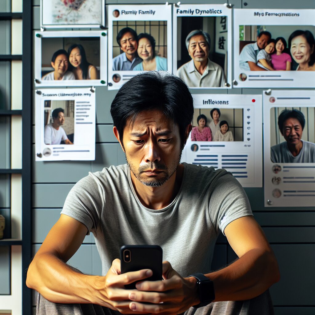 اضطراب تایید: شناخت و مدیریت پیامدها تصویری از فردی که در یک فضای آرام، تحتتاثیر محیط و جامعه، خانواده و تربیت، و رسانههای اجتماعی نشسته است و نگران تایید دیگران میباشد.