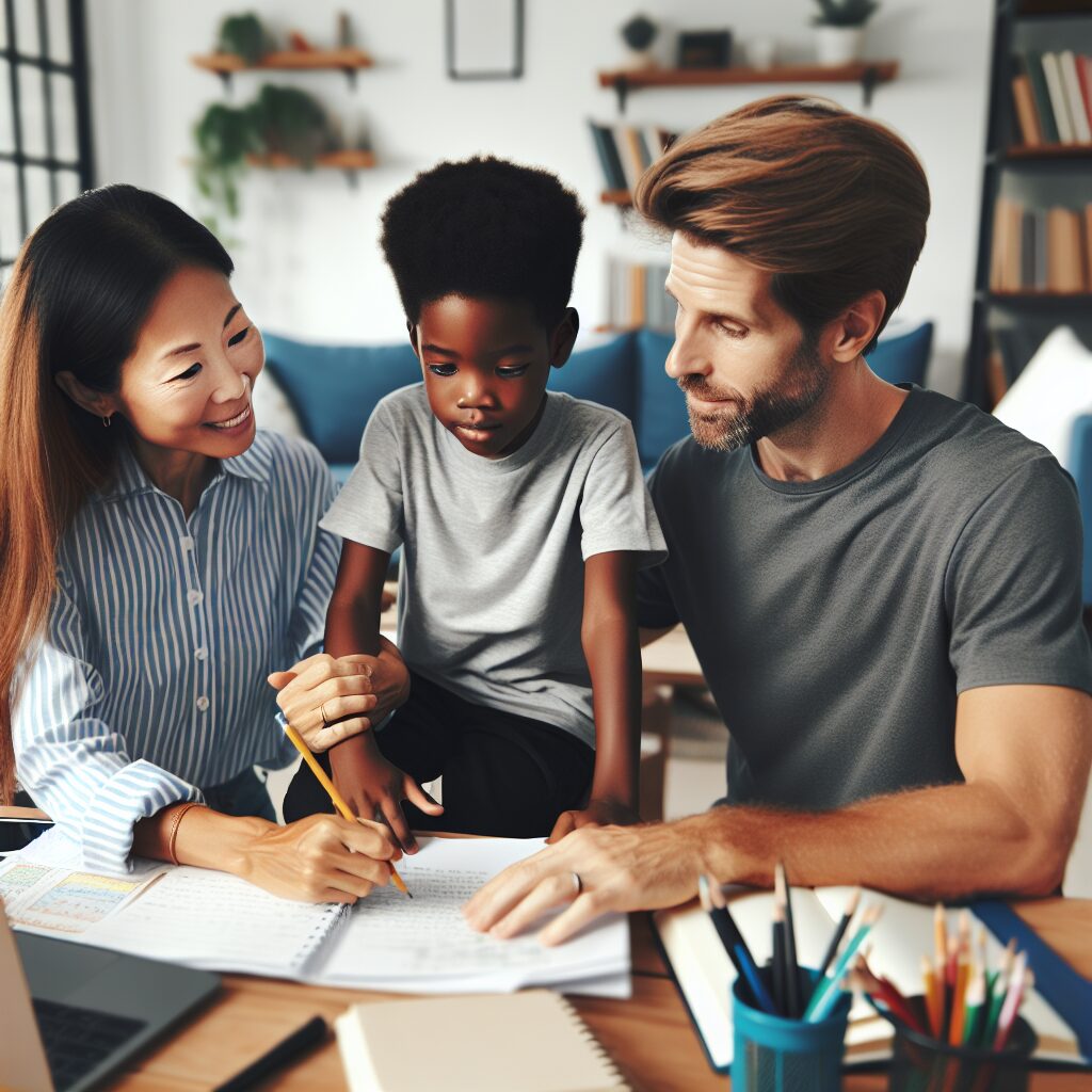 برنامهریزی برای کودکان مبتلا به اختلال نقص توجه و بیشفعالی (ADHD): چالشها و راهکارها تصویری از والدینی که با صبر به فرزندشان برای انجام تکالیف کمک میکنند
