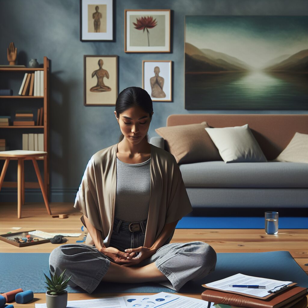 اضطراب تایید: شناخت و مدیریت پیامدها تصویری از فردی که از تکنیکهای شناختی-رفتاری، تمرینات ذهنآگاهی و نقش مشاوره برای مدیریت اضطراب استفاده میکند