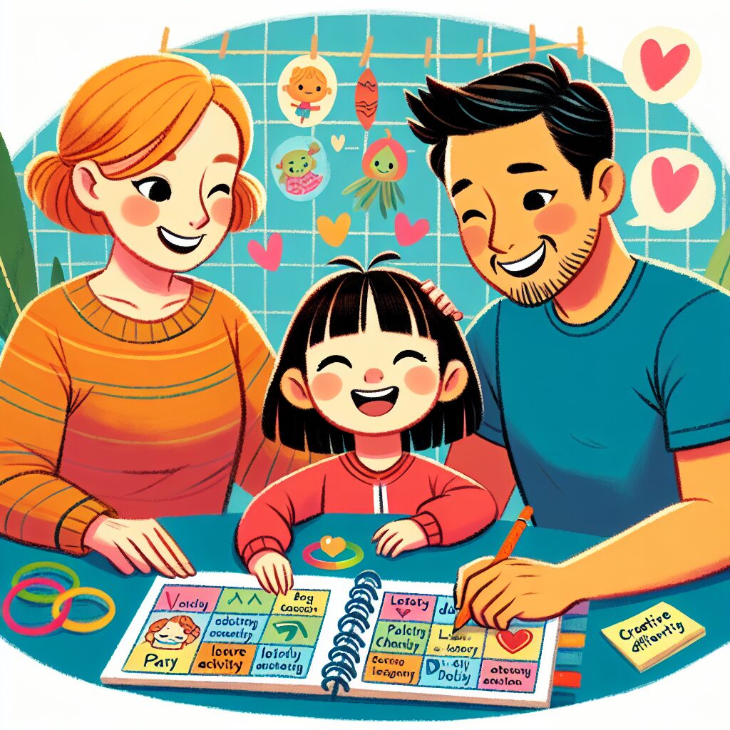 برنامهریزی برای کودکان مبتلا به اختلال نقص توجه و بیشفعالی (ADHD): چالشها و راهکارها تصویر یک خانواده که خلاقانه در حال برنامهریزی روزانه برای کودکشان هستند و شامل فعالیتهای بازی و تفریحی میشود.