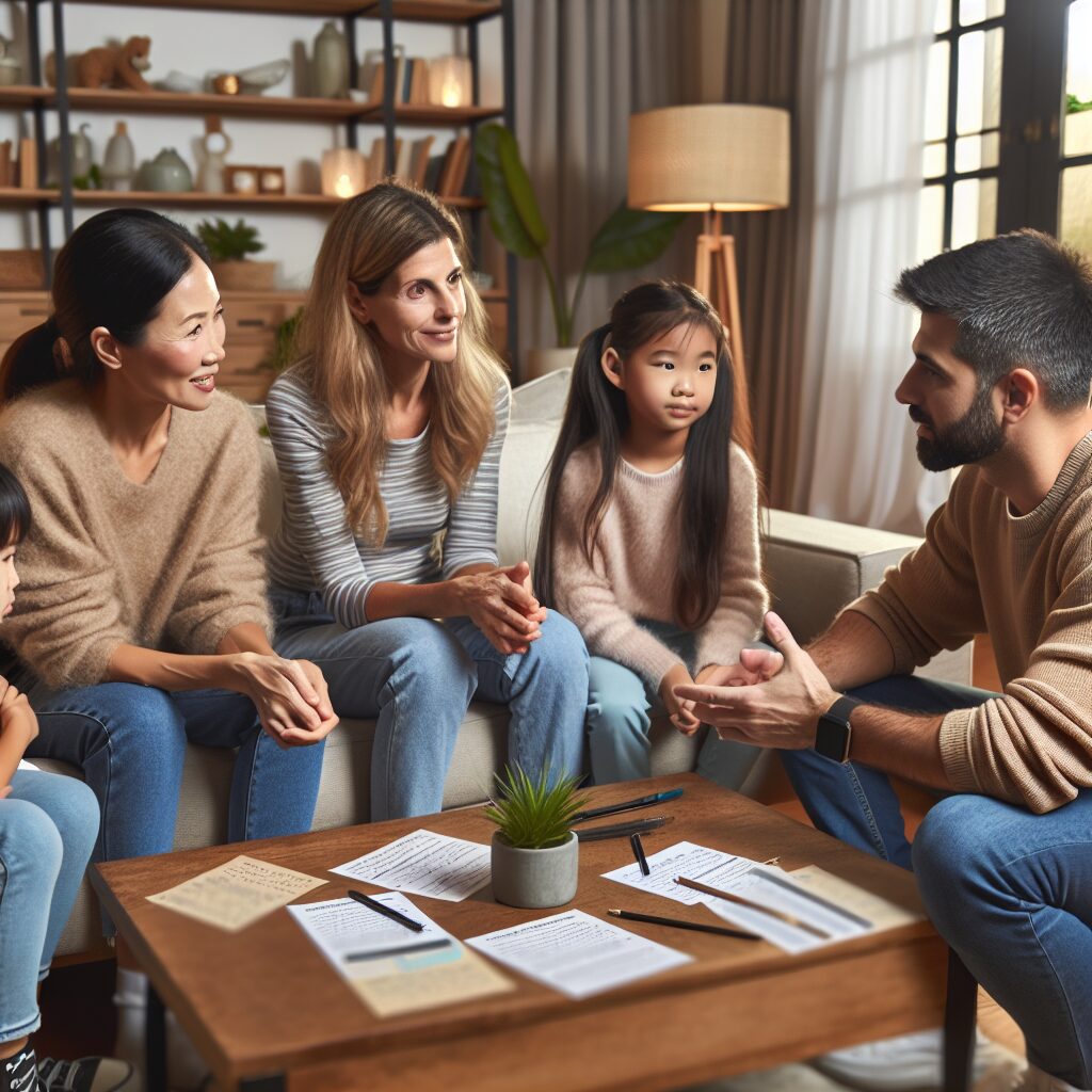 اهمیت و روشهای مؤثر مرزگذاری تربیتی نمایی از خانوادهای در حال صحبت در خانه.