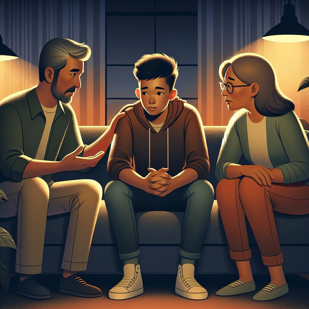 نقش والدین و مشاوره در مدیریت بحران هویت نوجوانان تصویری از یک خانواده در حال گفتگو و حمایت از نوجوان خود