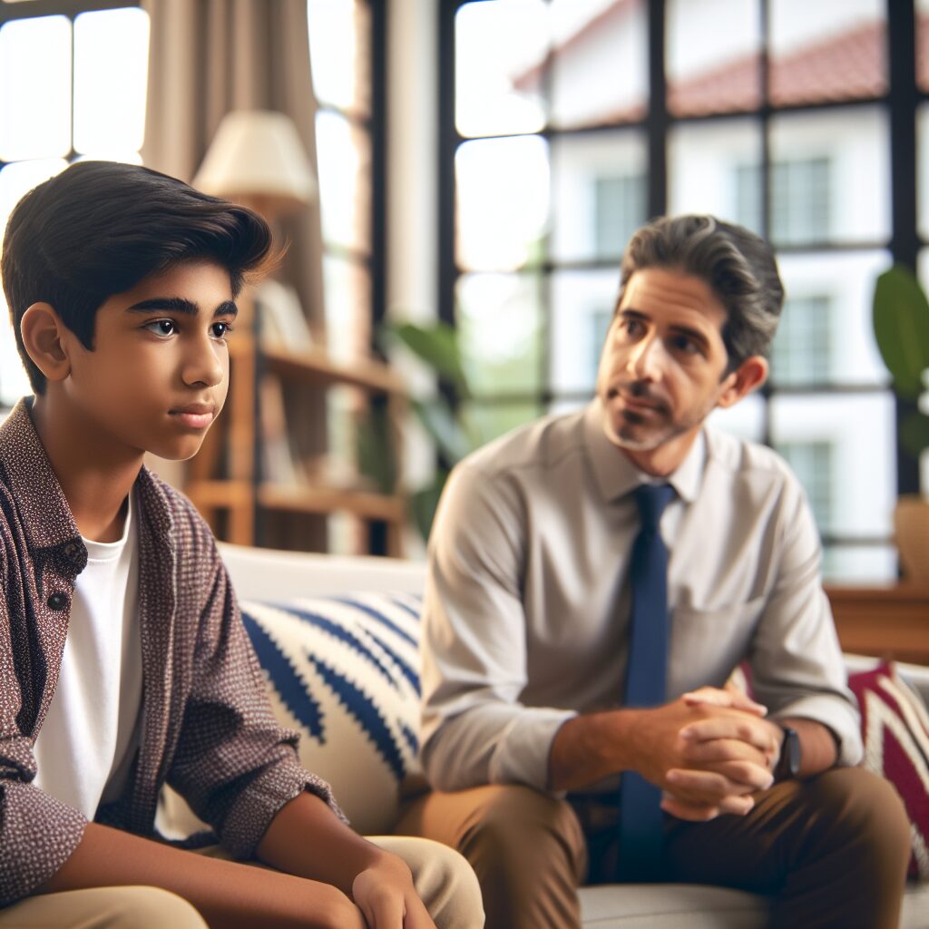 نقش والدین و مشاوره در مدیریت بحران هویت نوجوانان تصویر از یک نوجوان و یک مشاور حرفهای که در حال گفتگو در یک دفتر زیبا طراحی شدهاند.