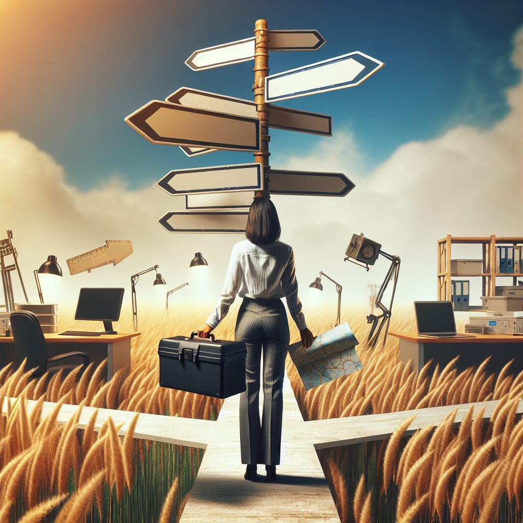 غلبه بر ترس از تغییر مسیر و شروعی تازه تصویری از فردی با جعبه ابزار و نقشه راه در مقابل چهارراهی با تابلوهای مختلف مسیر