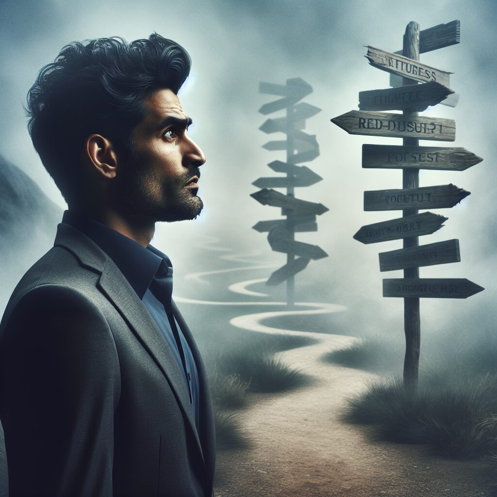 غلبه بر ترس از تغییر مسیر و شروعی تازه تصویر یک فرد در حال ایستاده در تقاطع چندین مسیر و نشانههای راهنما، که عدم قطعیت و ناشناختگی مسیرها را نشان میدهد.