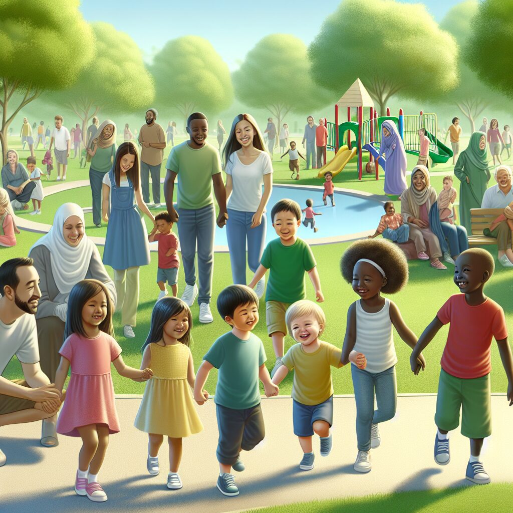 راهنمای جامع ترس از رها شدن: علل، علائم و راهکارها تصویری از کودکانی که در حال بازی با همسالان خود در پارک هستند، همراه با والدینی که خوشحال و آرامند.