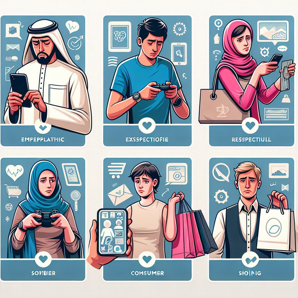 درمان و مدیریت اختلال وسواسی-اجباری تصویری از افراد مختلف که با علائم اعتیاد رفتاری مواجه هستند، شامل فردی که بیش از حد با گوشی همراه است، فردی که به بازیهای ویدئویی مشغول است و فردی که خرید زیادی انجام میدهد