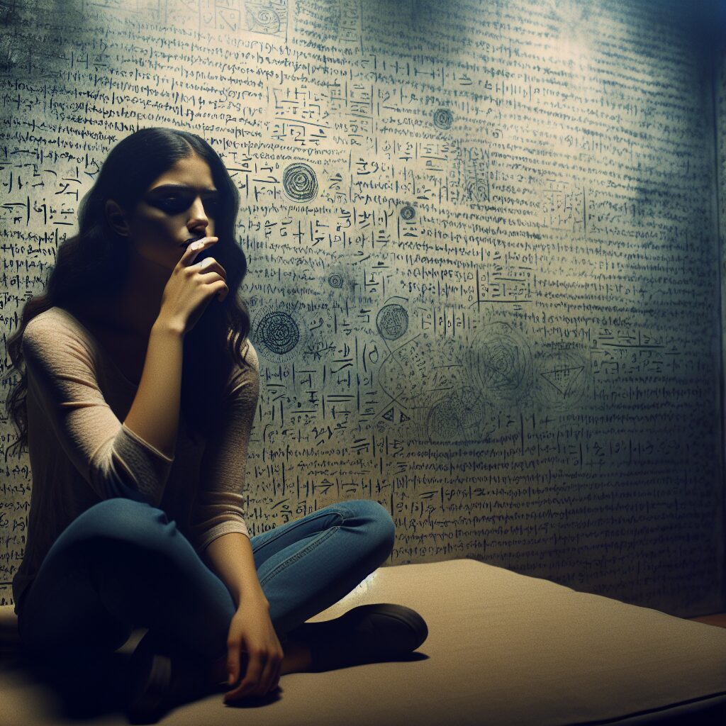 شناسایی و مقابله با کلاهبرداریهای زبان مبهم یک تصویر از یک فرد که در یک اتاق آرام با دیوارهایی که نوشتههای نامشخص دارند نشسته و به فکر فرو رفته است.