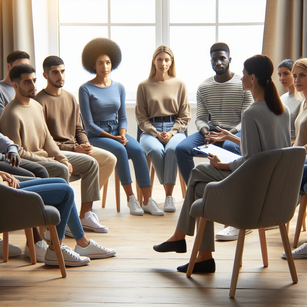 ترس از تصمیمگیری: علل، پیامدها و راهکارها تصویری از یک جلسه رواندرمانی گروهی که در آن افراد به تکنیکهای شناختی-رفتاری برای کاهش ترس از تصمیمگیری اشتباه میپردازند