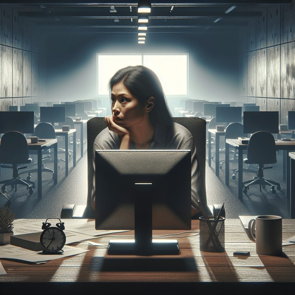 راهکارهای سازمانی برای کاهش ترس از بیکاری تصویری از یک دفتر کار با صندلیهای خالی و فردی که با اضطراب به صفحه کامپیوتر نگاه میکند